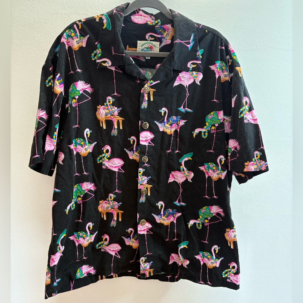 Paradise On A Hanger Black Flamingo Print Hawaiian Shirt XL